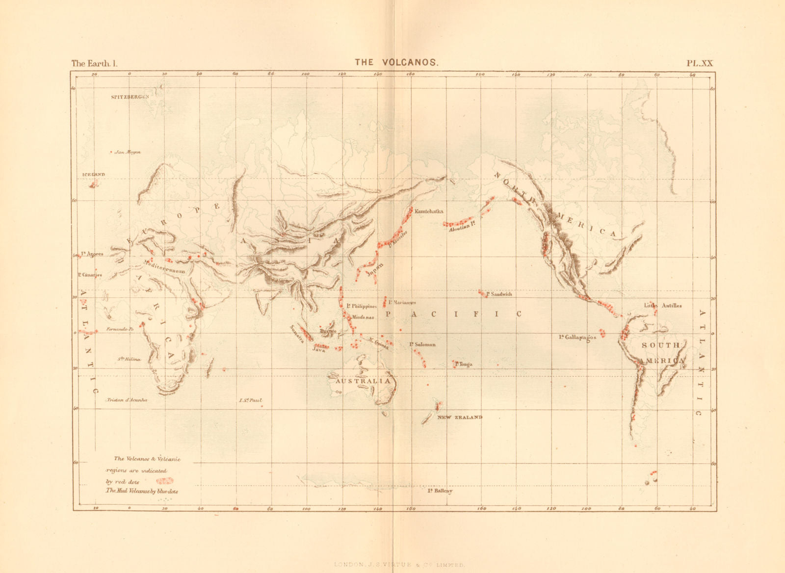 Volcanoes of the World 1886 old antique vintage map plan chart